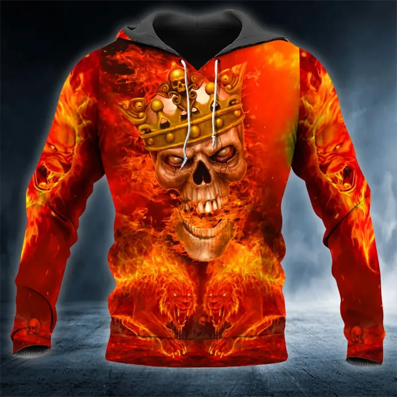 Men Hoodies 3D Print Horror Flaming Skull Graphic Fashion New Style Casual Pullover Personality Oversize Men Clothing Tops