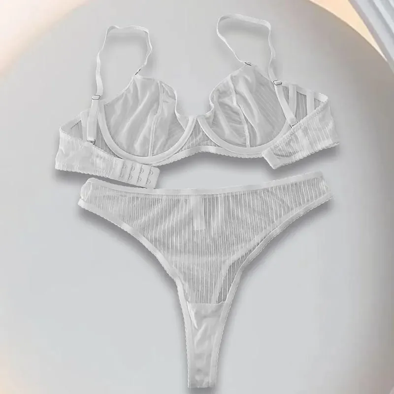Dámská síťovaná sada spodního prádla Krajka Průsvitná podprsenka s hlubokým výstřihem do V a kalhotky Sexy spodní prádlo Stranparent White Sady spodního prádla 2 kusy