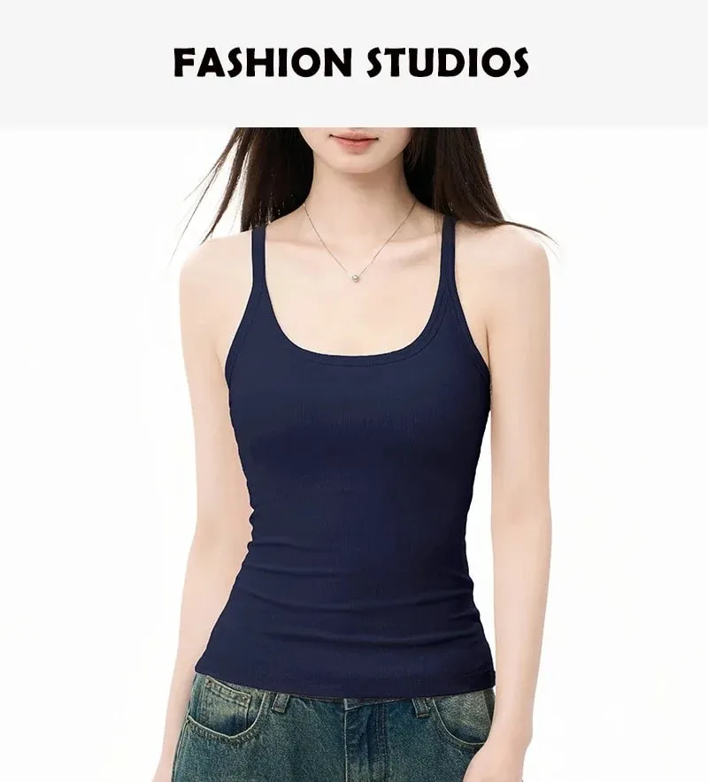Zjaiss Elegant Knit Summer Tank Top Korean Slim Solid U Neck Women Cami Soft Ribbed Basic Layering Vest Fashion Ladies Top
