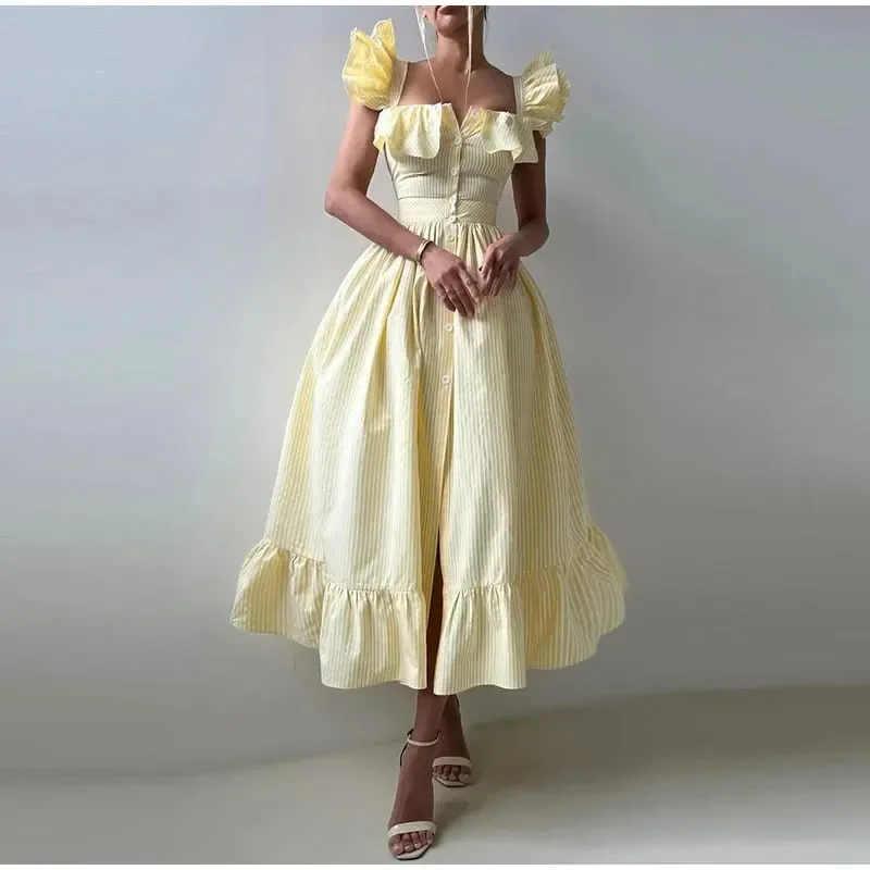 Mangas voadoras listradas vestidos longos mulher elegante único breasted a linha roupões feminino chique cintura alta verão senhora roupões férias