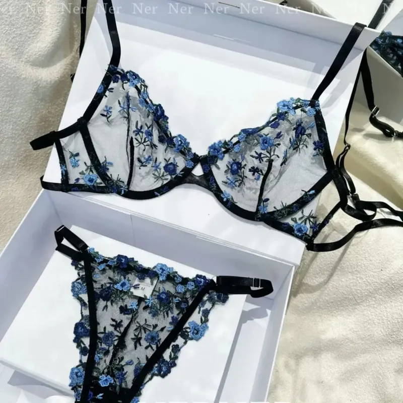 Elegant Lingerie Set-Floral Embroidery Semi-Transparent Bra & Brief Black Sensual Women's Underwear Luxury Intimates