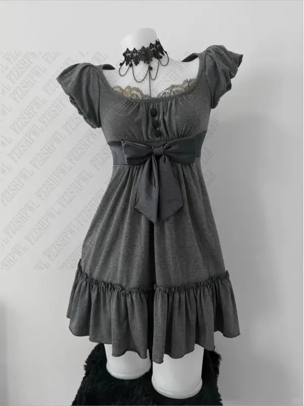 Women Grim Dress Gothica Classic Harajuku Aesthetic Frock Tide Fashion Y2K Clothing Vintage Chic Korean Slim Short-sleeve dress