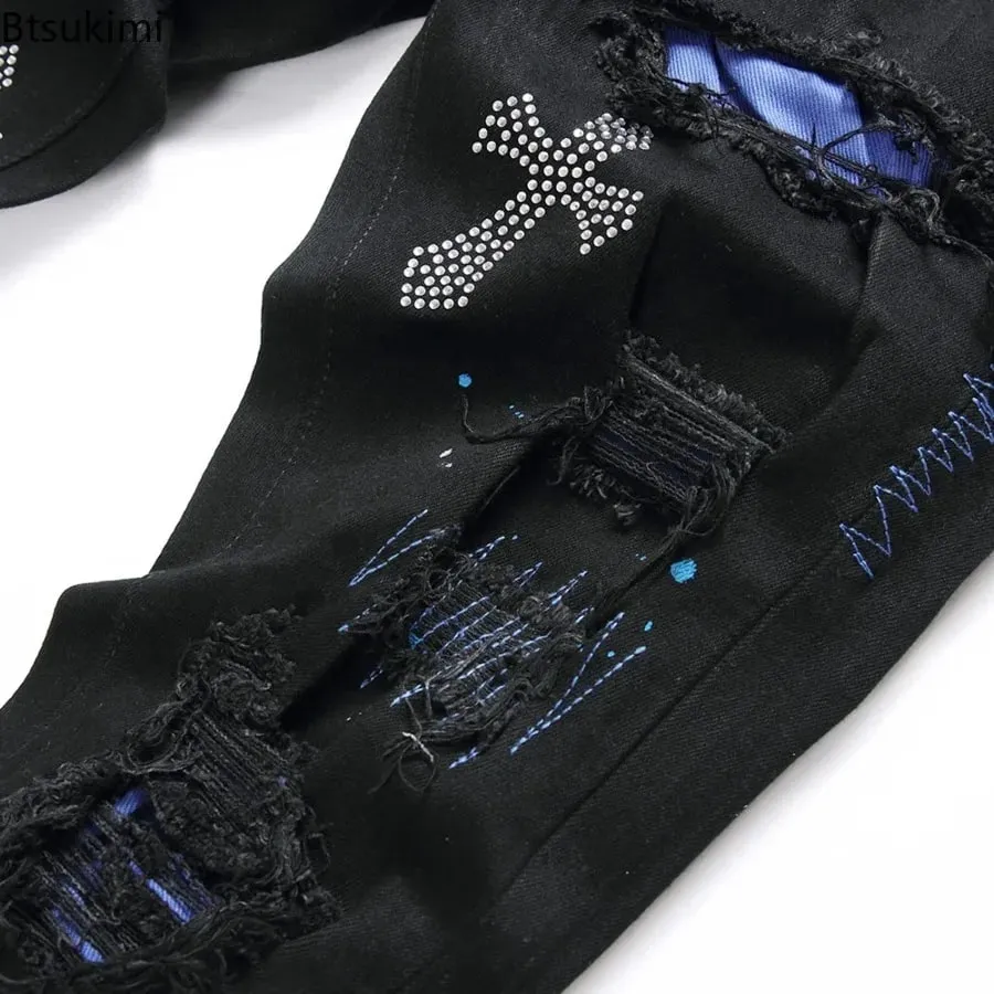 2026 New Men's Fashion Crystal Cross Stretch Denim Jeans Holes Ripped Distressed Black Pants Embroidery Slim Tapered Trousers