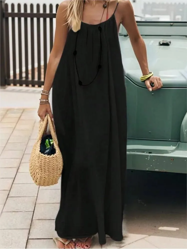 2026 Summer New Casual Seaside Vacation Women Long Skirt Fashionable Solid Color Sexy Suspender Backless Loose Dress Large Size — image 4