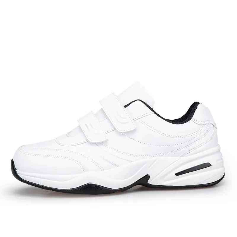 Men's Adjustable Hook And Loop Leather Sneakers Pure Black Casual Sports Shoes Big Size 47 48 Elderly Walking Shoes