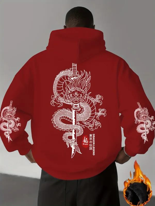 Trendy Street Fashion - Tokyo Shenlong Pattern Printed Men's Casual Sports Street Style Winter and Autumn Warm Hooded Sweatshirt