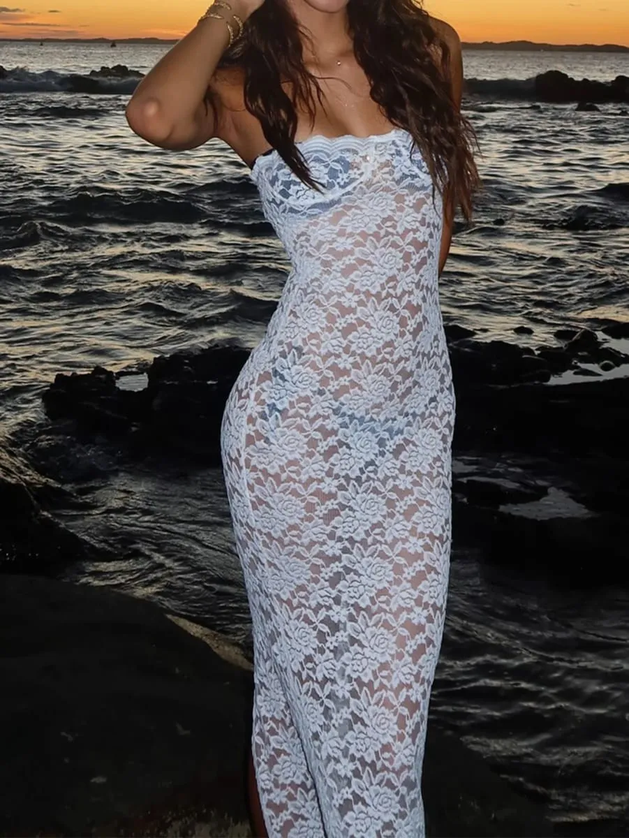 Women's sexy lace dress with strapless slimming and perspective backless dress