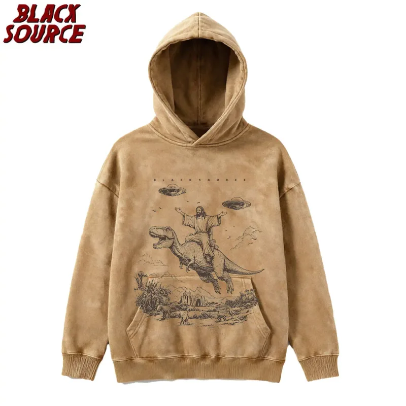 T075 Cartoon Dinosaur Print Hoodie, Women's Unisex Vintage Pullover Sweatshirt, Casual Distressed Design for Daily Wear