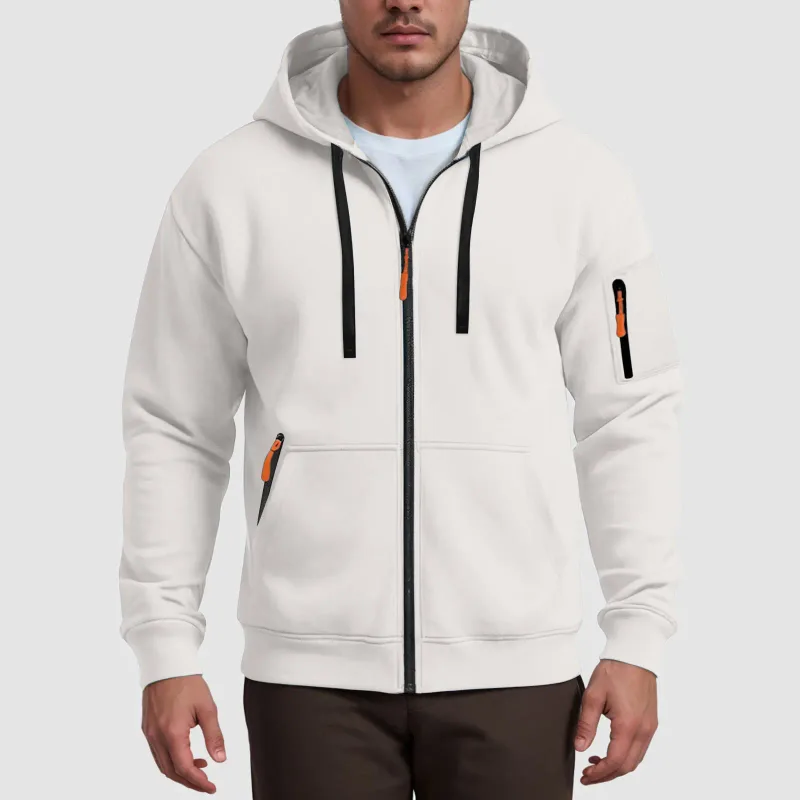 Men's Hoodies Solid Color Loose Zip Up Jacket Arm Zipper Pocket Hoodies Sand Hoodie Men