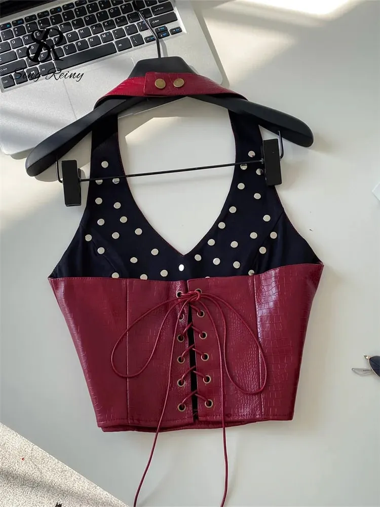 Halter Rivet Hotsweet Tops Women Lace Up Slim Texture Summer Clubwear Tank Top PU Leather Backless Sensual Retro Camis