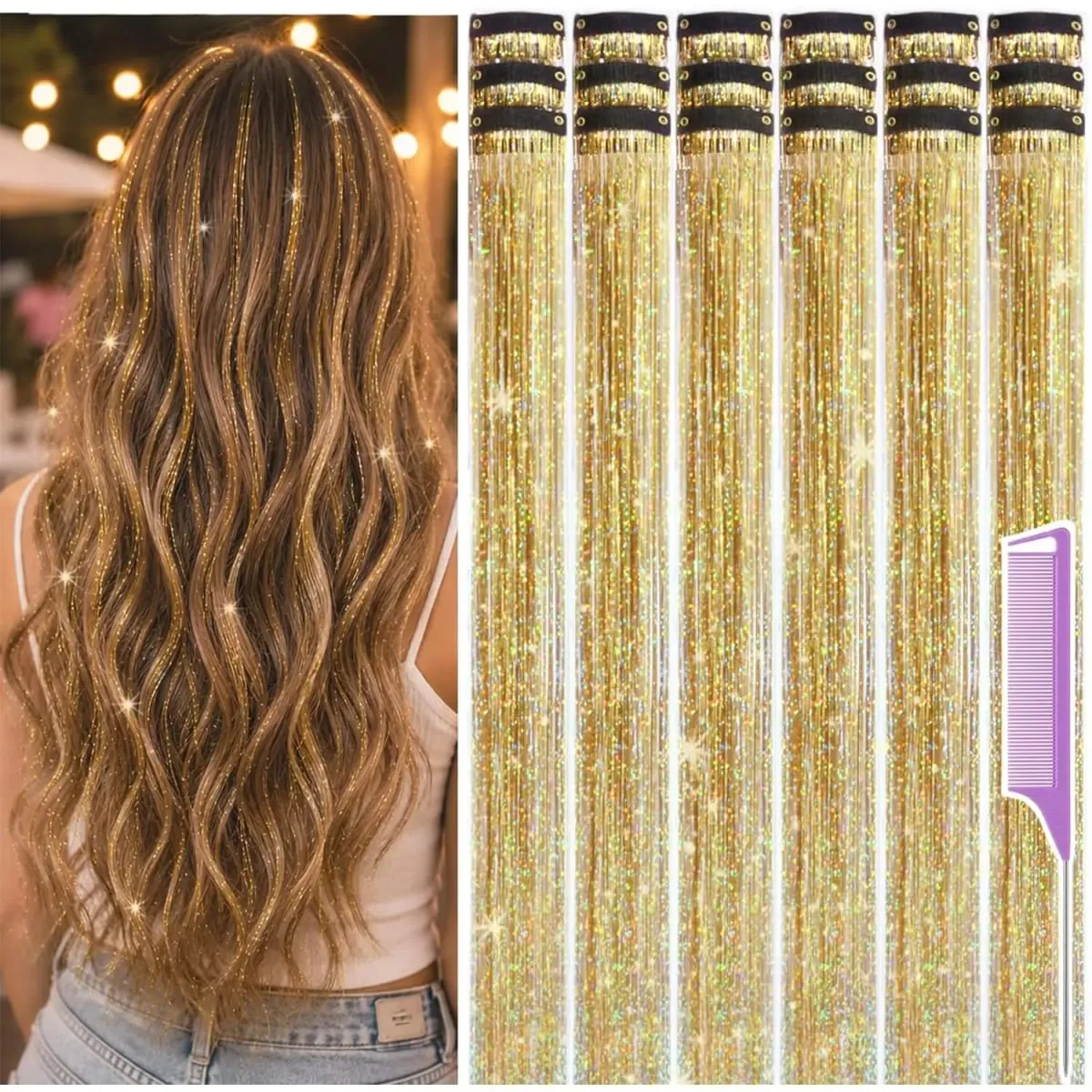 Balení 18 ks Nápadné doplňky do vlasů Rainbow Hair Tinsel Clip in Balíček 22palcových třpytivých pohádkových vlasů pro ženy, dívky