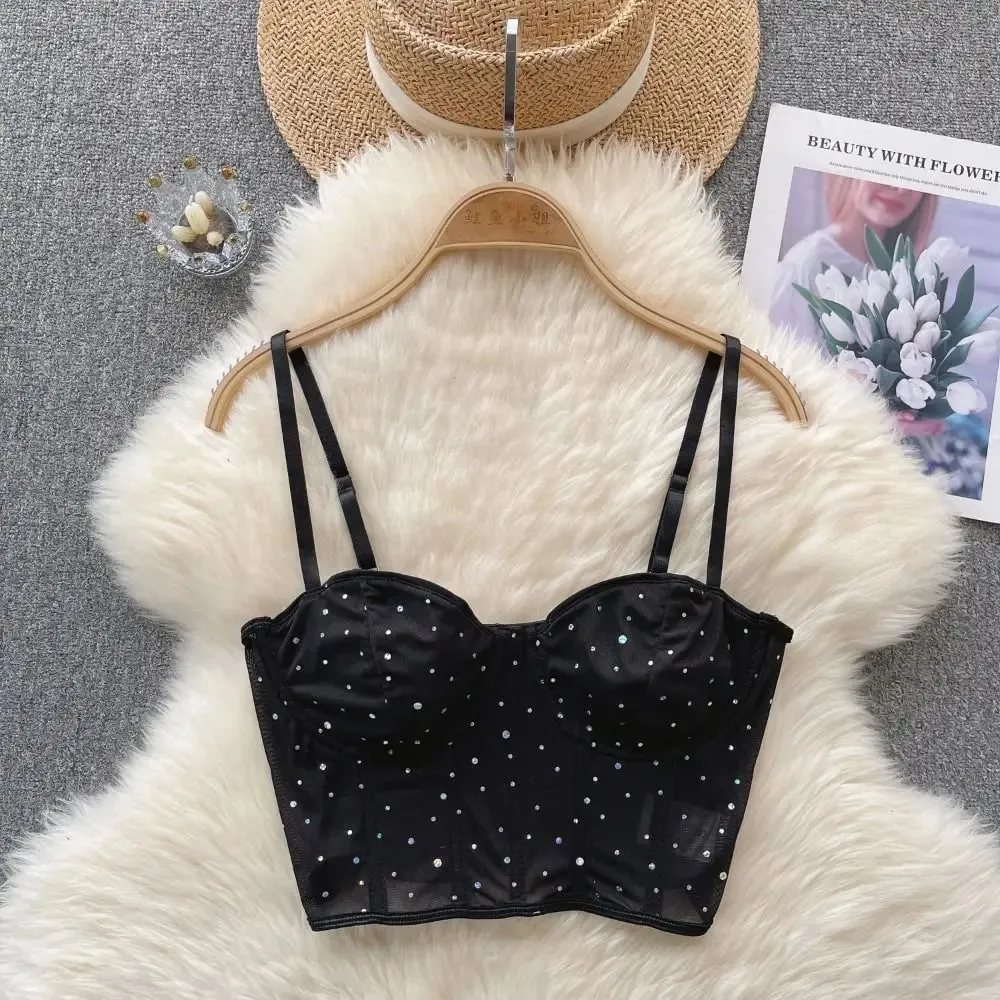 Fashion Black Mesh Crop Top Crystal Hollow Out Sexy Tank Top Camisole Sleeveless Women Short T-shirt Girls