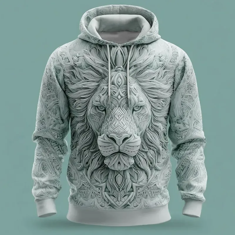 2026 Fall Winter Men's Vintage Animal Lion 3D Prints Hooded Hoodies Sweatshirt Long Sleeve Crew Neck Streetwear Drawstring Tops
