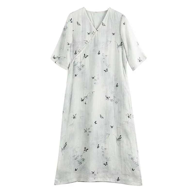 100% Ramie Women Casual Long Dress New Arrival 2026 Summer Chinese Style V-neck Print Loose Ladies Elegant Holiday Dresses M2800