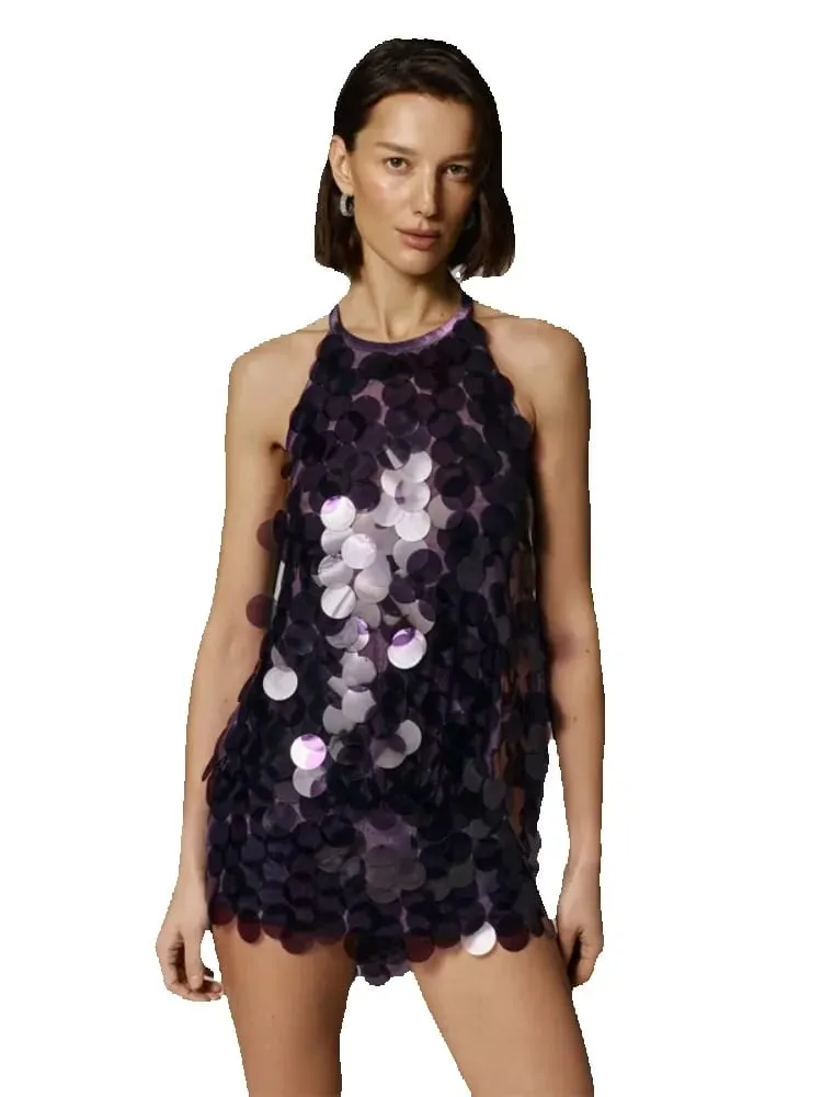 Women's 2026 Halter Sequin Dress Sleeveless Loose Large Sequin A-line Mini Dress Summer Evening Party Shining Gown Elegant Sexy