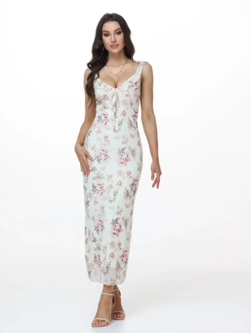 FL New Summer Flower Printed Women's Sexy Low-cut Dress Sleeveless Backless Slim Sling Dresses 2025 Beach Vacation Lady Vestidos