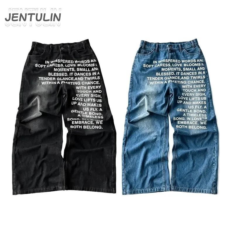 American Retro Men Alphabet Patterned Letter Jeans High Street Clothing Y2K Goth Women Unisex Baggy Casual Wide Leg Mopping Pant
