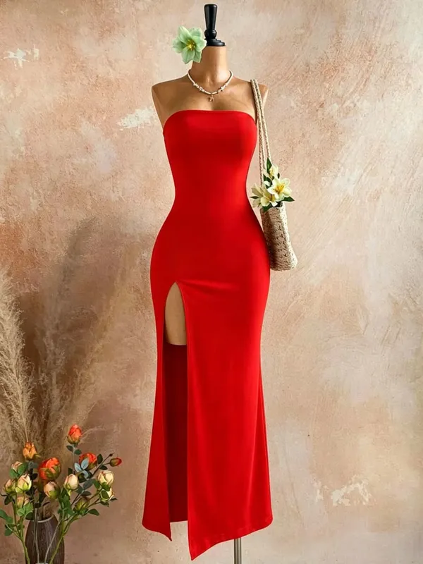 Robe mi-longue moulante sans bretelles pour femmes, haut tubulaire, fente latérale haute, couleur unie, noir, sans manches, coupe cintrée, longue robe de soirée