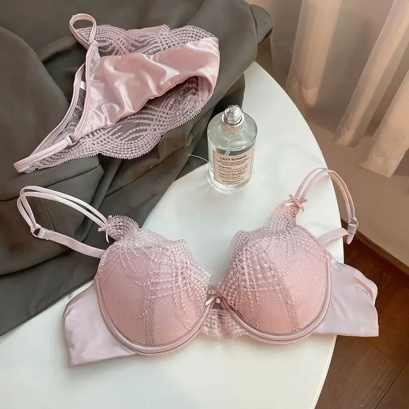 Ladies 2 Pieces Lace Underwear Suit Pure Desire Deep V Low Neck Thin Strap Soft Underwire Push Up Bra Briefs Sexy Lingerie 32‑38