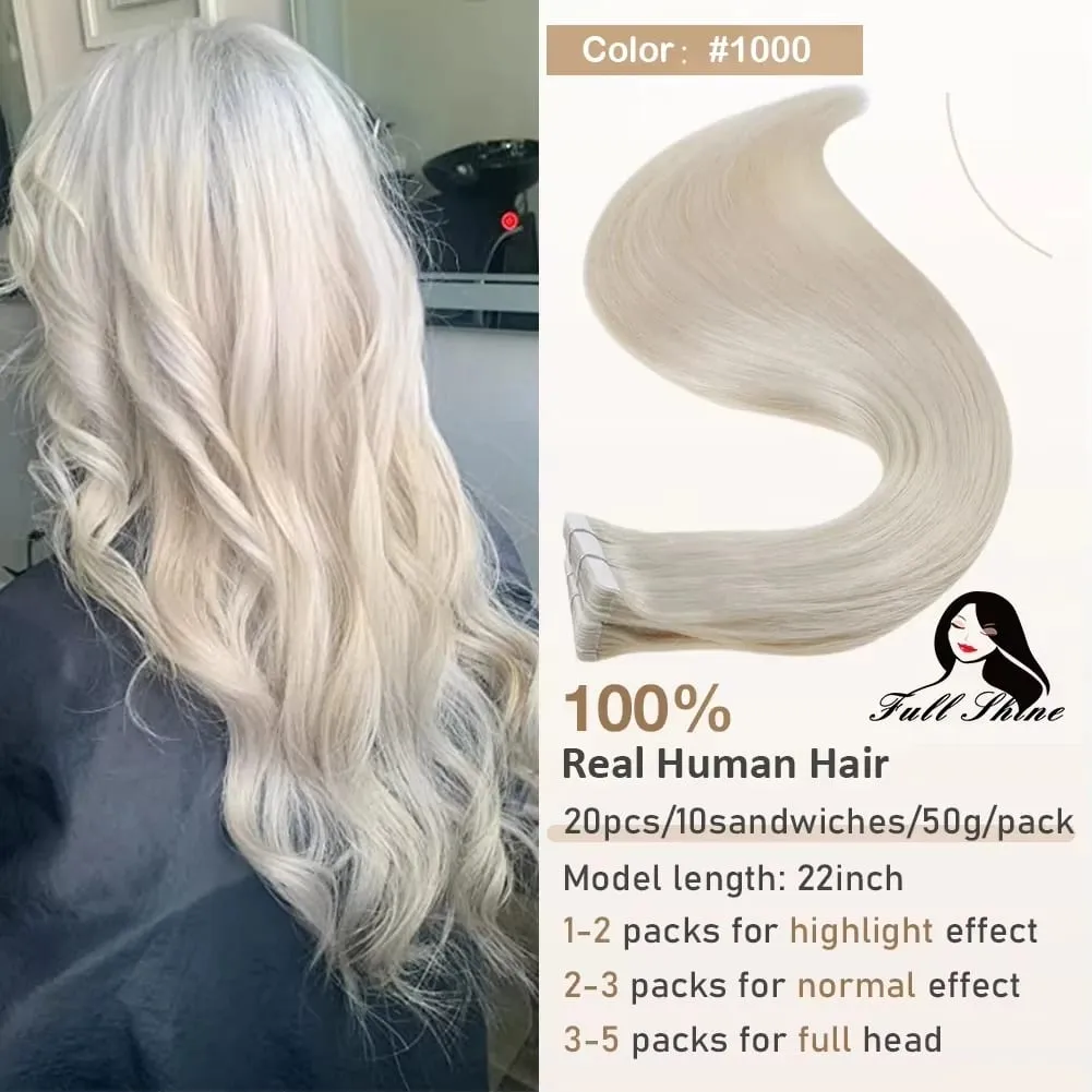 Full Shine Tape in Hair Extensions 20Pcs Skin Weft Remy Straight Hair Glue on Brazilian Hair for Women