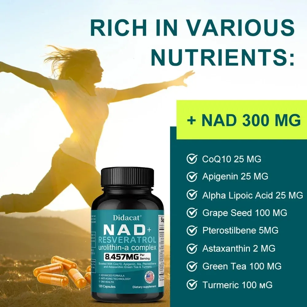 NAD+ Resveratrol - Supports Cell Health Brightens Skin Improves Energy and Vitality Antioxidant and Promote Metabolism