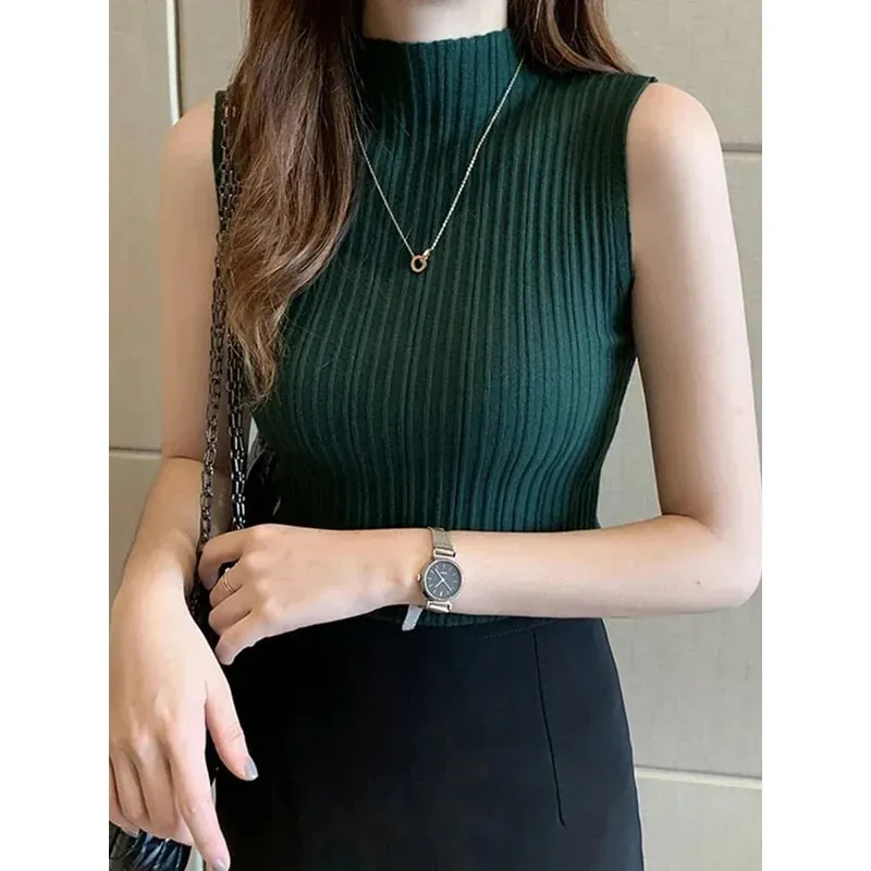 2026 Summer Turtleneck Ribbed Tank Tops Women Camisole Sleeveless Slim Female Stripe Croped Vest Casual Solid Camis Top