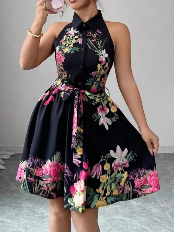 A Line Vestidos Y2k Street Wear Halter Print Floral Elegant Splice Party Night Work High Waist Short Dress Women Dresses