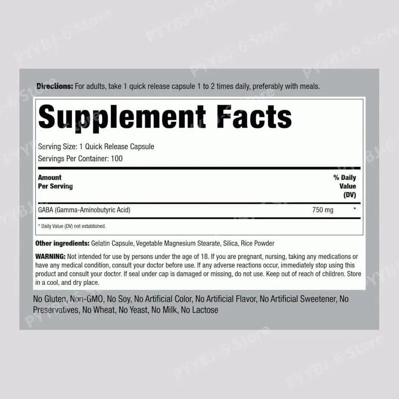 750mg Gamma-Aminobutyric Acid 100 Quick Release Capsules Non-GMO & Gluten Free Dietary Supplement for adult