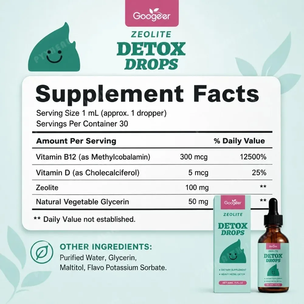 Googeer Zeolite Detox Drops 30ml Heavy Metal Support Vitamin B12 D3 Daily Cleanse Formula Non-GMO Soy-Free Dietary Supplement