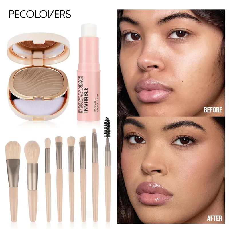 10pcs Kit Solek Asas Semua-Dalam-Satu Liang Meminimumkan Liang Primer Stick Bedak Tetapan Matte Dan Set Berus Mekap Profesional 8pcs