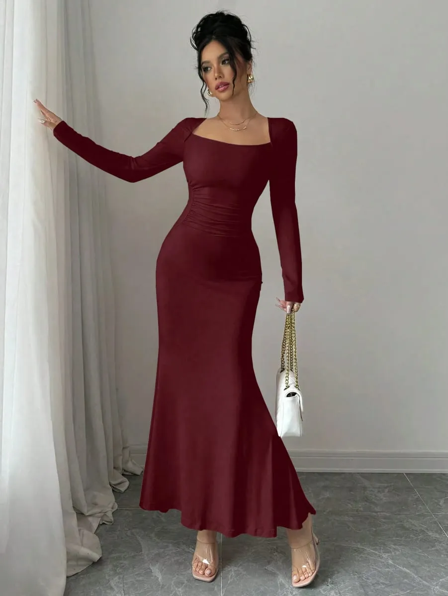 Women's Four Seasons New Style Women's Elegant Temperament Retro Solid Color Square Collar Long Sleeve Dress