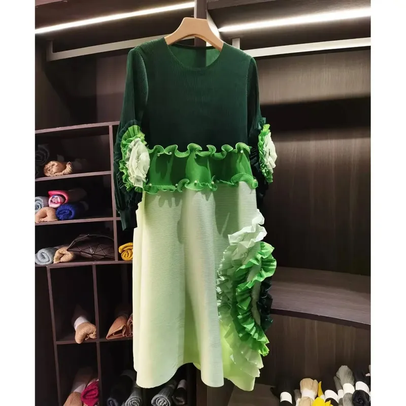 Pleated Tie Flower Long Sleeve Women's Dress Chic New Loose Colorblock Patchwork Design Beading Famale Clothing 2DB6651