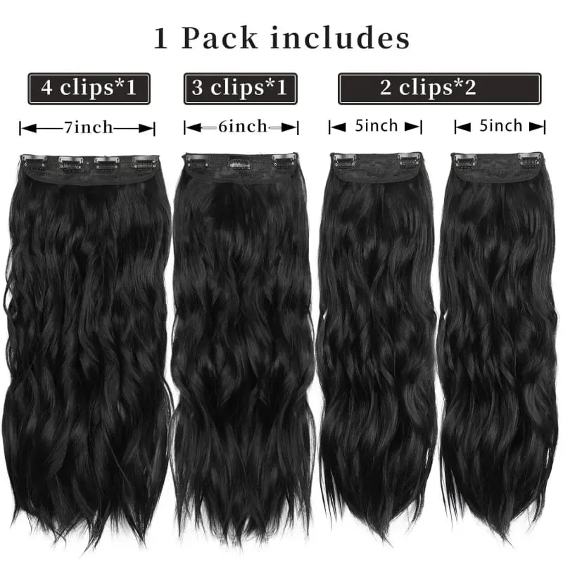 Black 20 Inch 4pcs Thick Hairpieces Long Wavy Natural Synthetic Clip in Hair Extensions for Women