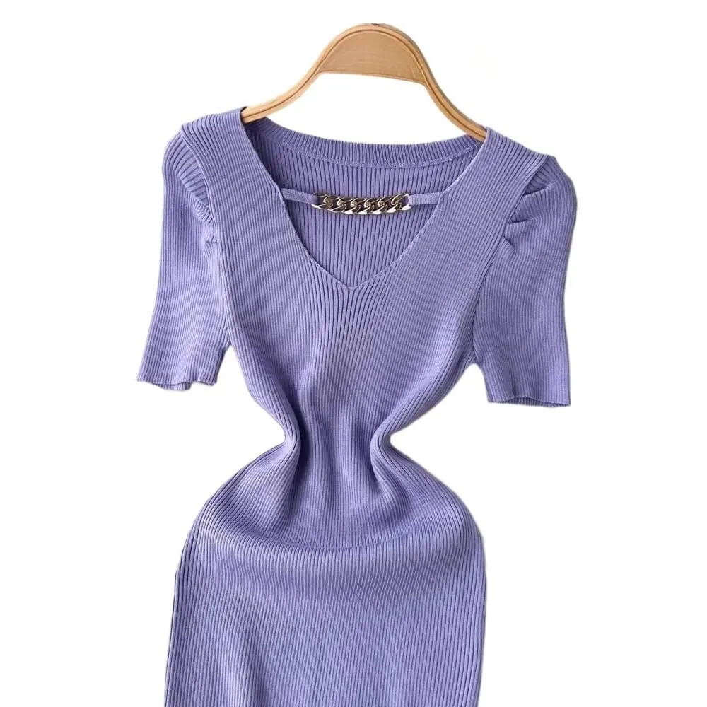 Women's Black Short Sleeve V Neck Cutout Chain Sundress Stretchy Ribbed Knit Bodycon Mini Dress Party Clubwear Dress Outfits