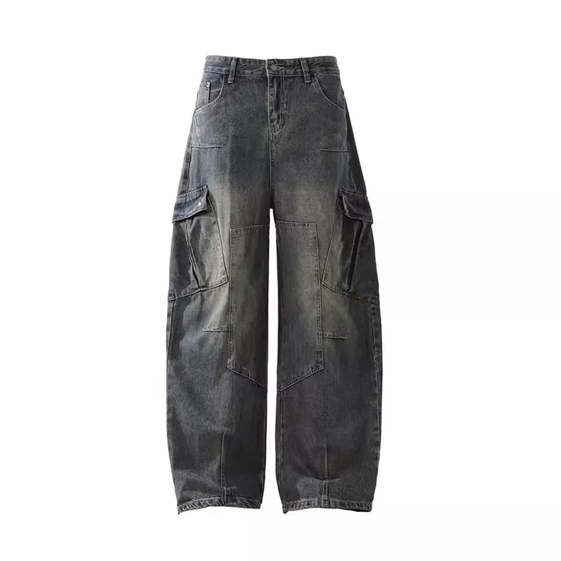 Retro Multi Pocket Curved Knife Jeans Autumn And Winter Vintage Wide Leg Workwear Pants Korean Version High Street Men'S Jeans