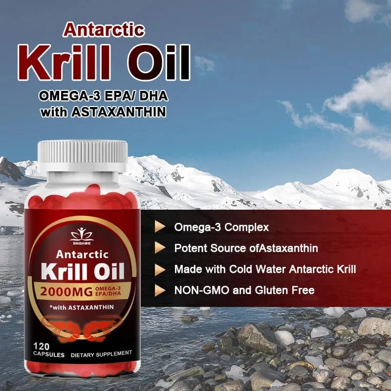 Aceite de krill antártico, 2000 mg por porción, con omega-3, EPA DHA y astaxantina, apoya la salud de las articulaciones, el cerebro, el corazón y la presión arterial