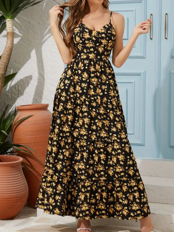 Women's V-neck Floral Print Camisole Dress—a sexy Backless Flowy Long Party Dress Featuring a Bow Detail.