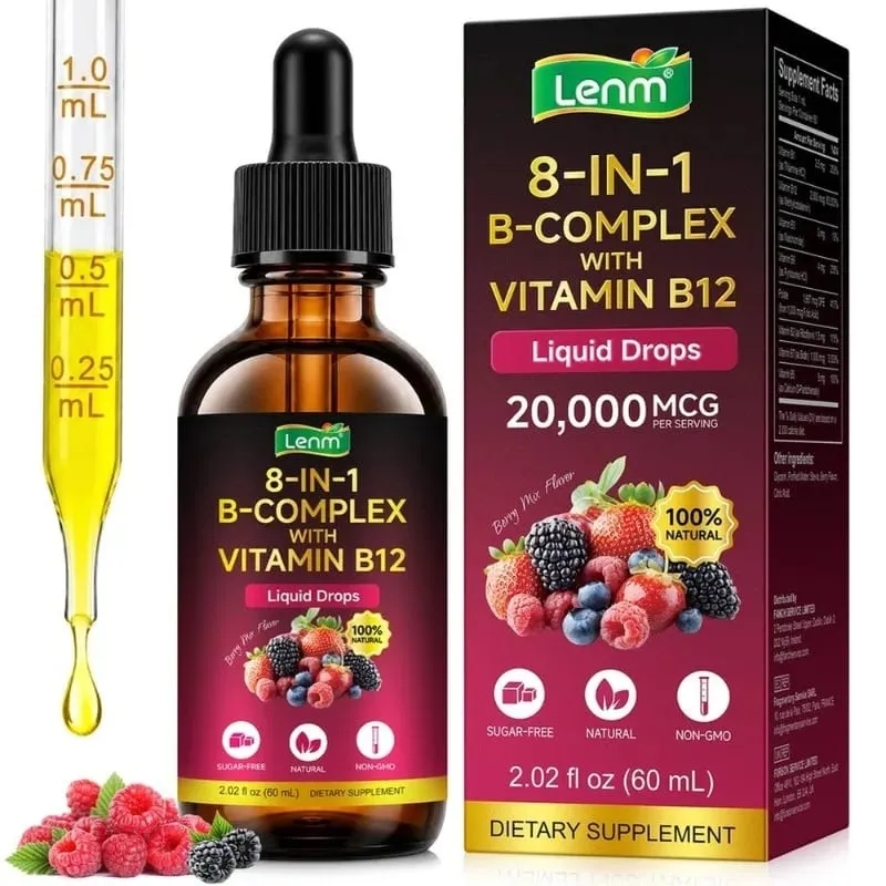 Lenm B Complex Liquid Drops 8-in-1 with B12 2000mcg B1 B2 B3 B5 B6 B7 Folate for Energy & Metabolism Support Sugar-Free 60ML