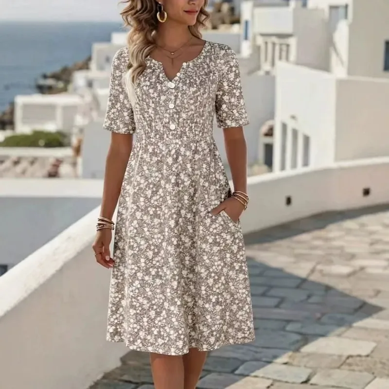 2026 New Summer Floral Print V Neck Midi Dress Short Sleeve Dresses For Women Retro Casual Button Pocekts Ladies Dress Vestidos