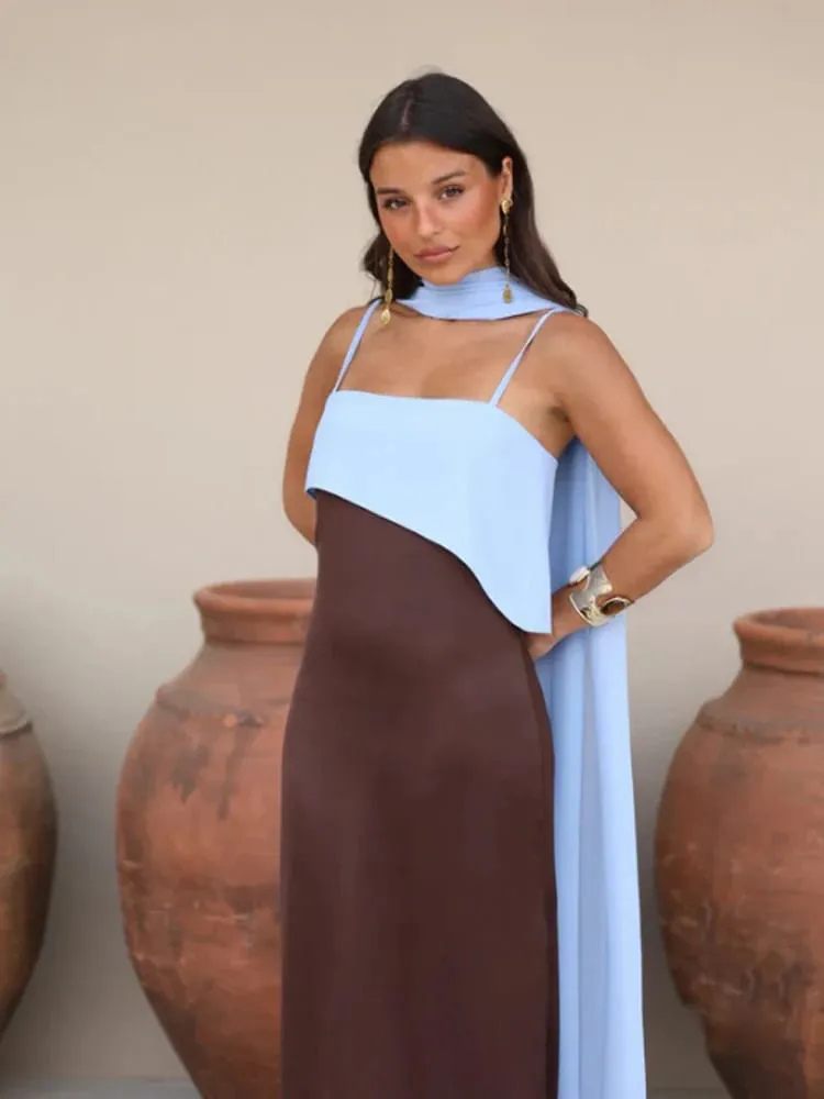 Fashion Contrasting Sling Dress Women Square Neck Sleeveless High Waist Slim Maxi Dress With Scarf 2026 Summer Lady Party Robe