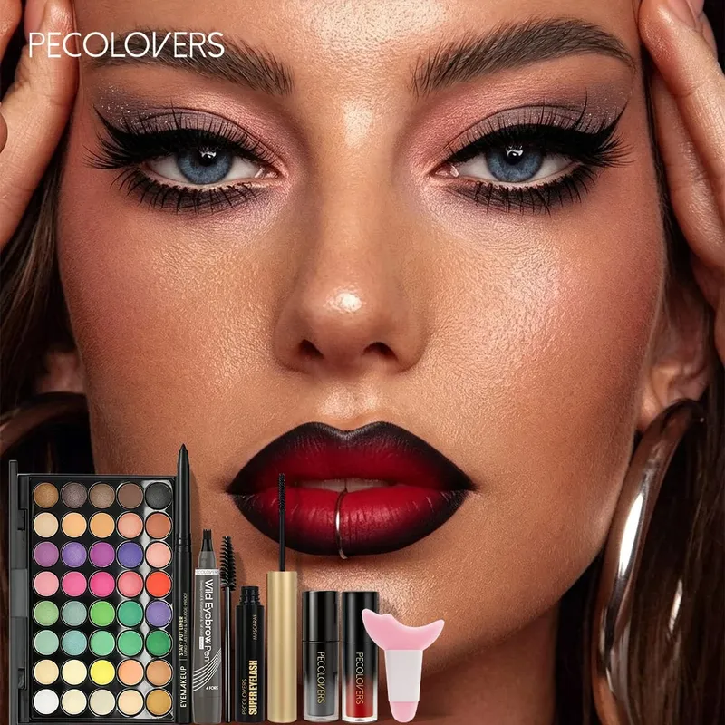 Kit de maquiagem multifuncional, 8 peças, conjunto de cosméticos de rosto inteiro com paleta de sombras multicoloridas, delineador, caneta de sobrancelha, rímel, brilho labial