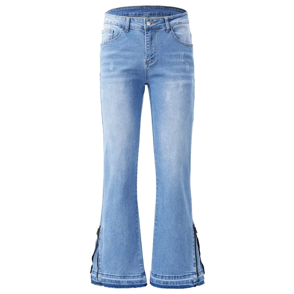 Men's Boot Cut Denim Jeans Streetwear Bottom Zipper Released Hem Pants Pure Color Blue Black Cotton Spandex Trousers