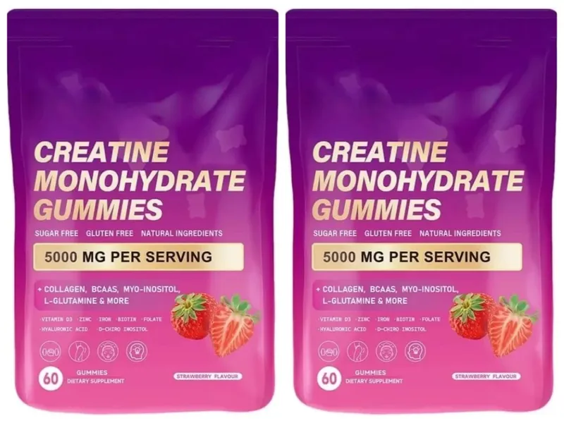 Creatine Monohydrate Gummies with Collagen BCAA and Vitamins Fitness Supplement Strawberry Flavor Daily Workout Support Sugar