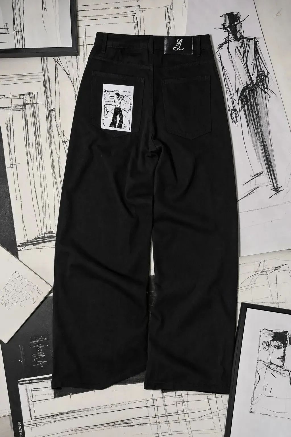 Streetwear Casual Schwarz Breite Bein Jeans Männer Frauen Schwere Gesäßtasche Stickerei Detail Mode Hosen Lose Fit Weiche Denim Y2K