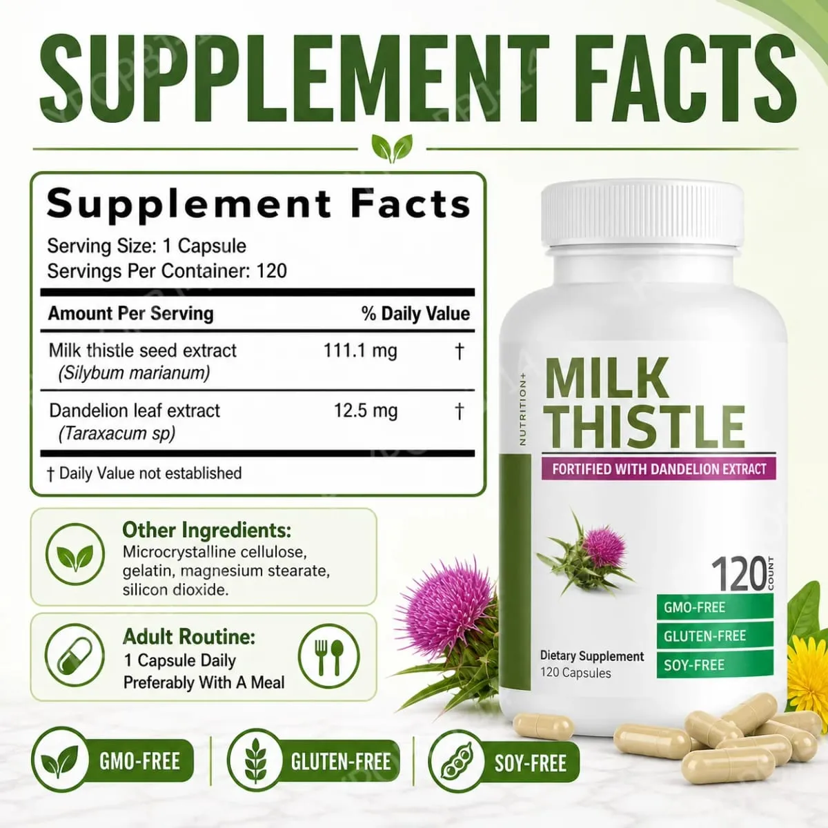 Milk Thistle Silymarin Marianum & Dandelion Extract Liver Health Support Antioxidant Support Detox 120Count Non-GMO Gluten Free