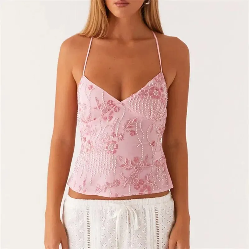 2025 เลื่อมลูกปัด Cami ชุดมินิเซ็กซี่ด้านหน้า V คอสั้นชุดผู้หญิง Backless Criss CROSS STRAPS ชุด