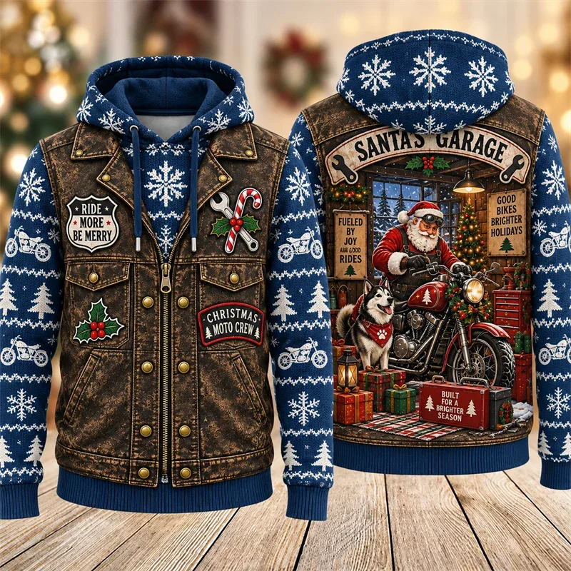 Christmas Biker Hoodie 3D Print Santa Reindeer Gingerbread Rider Faux Leather Vest Holiday Pullover Winter Streetwear Gift