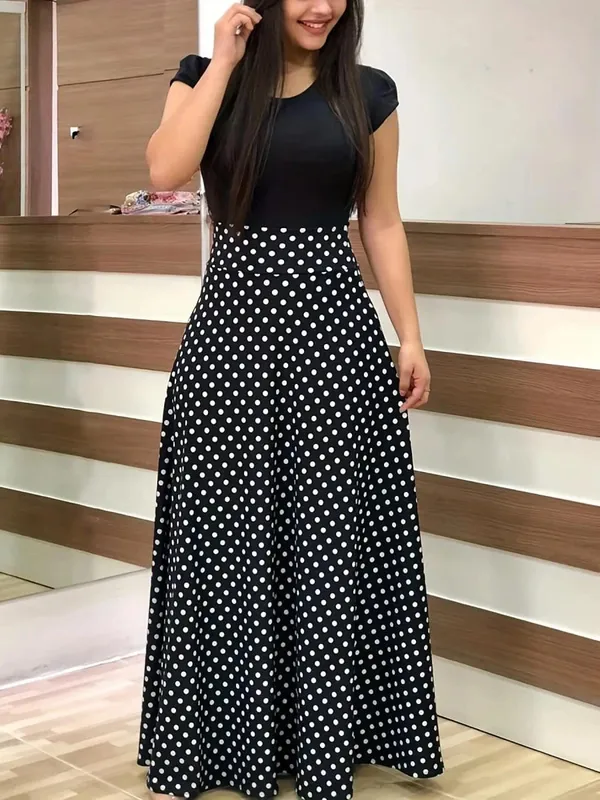 2024 Vestido de manga corta a juego con estampado de flores de estilo europeo y americano para mujer, falda con vuelo grande