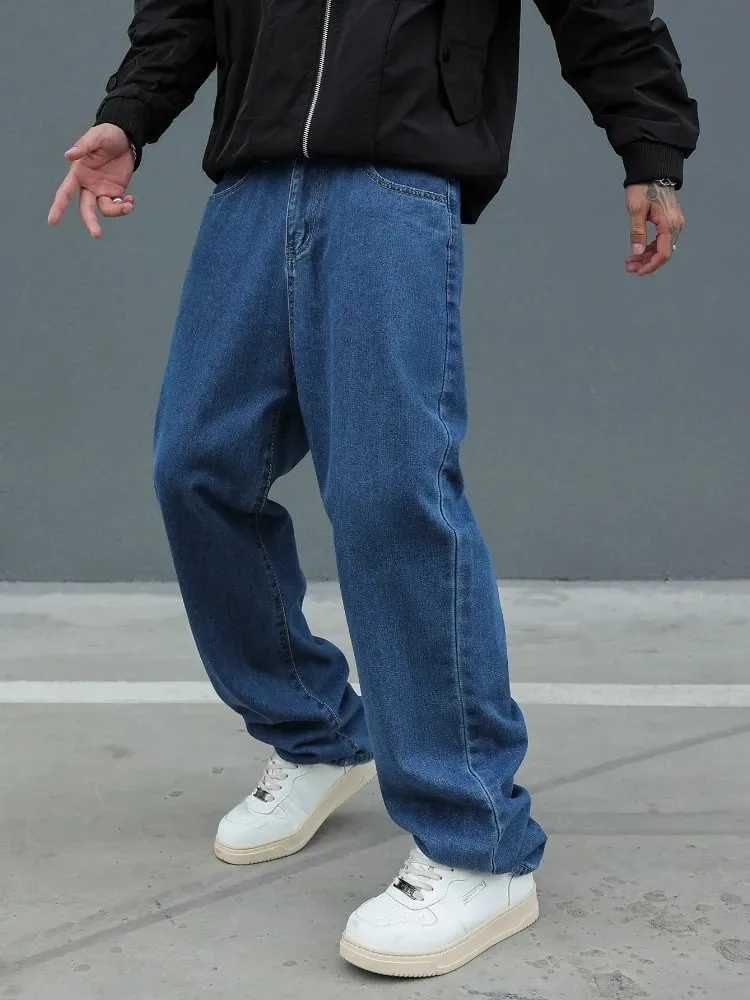 Novo algodão masculino baggy y2k jeans moda roupas masculinas cintura elástica lavada calças de perna larga sólida reta solta calças jeans