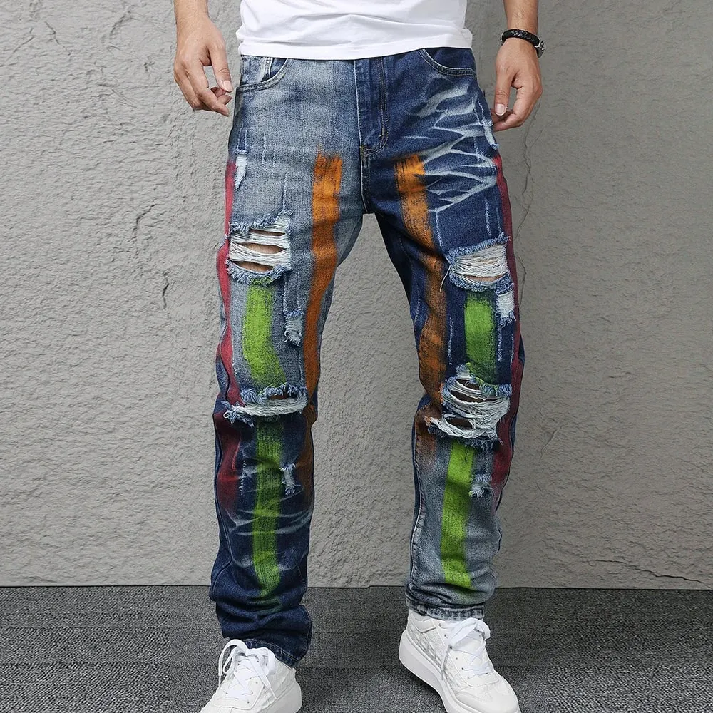 Men Painted Denim Jeans Contrast Color Holes Ripped Distressed Pants Non Stretch Cotton Slim Straight Trousers